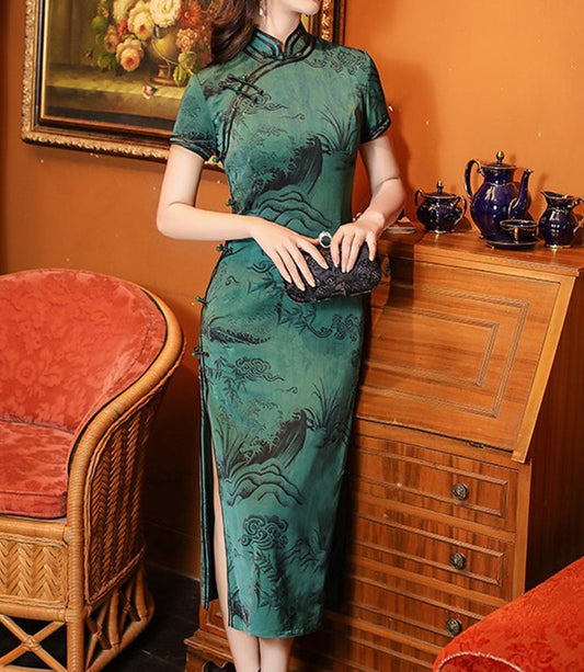 1950s Vintage Green Noble-Quality Cheongsam Dress