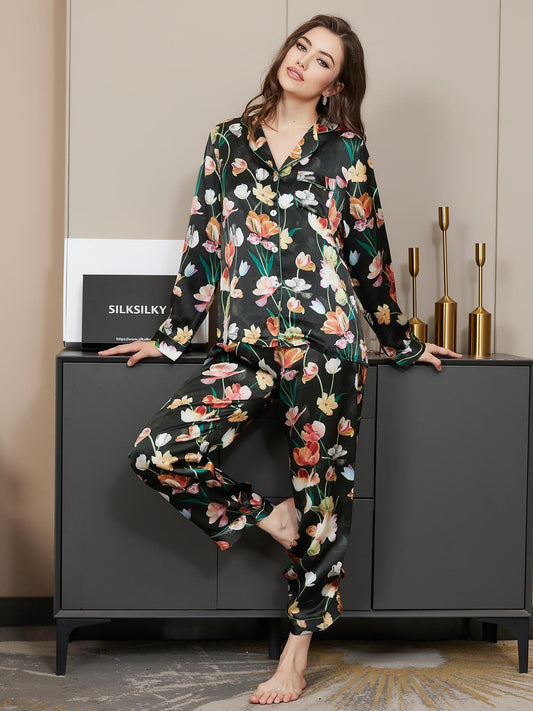Pure Silk Floral Pattern Womens Pajama Set