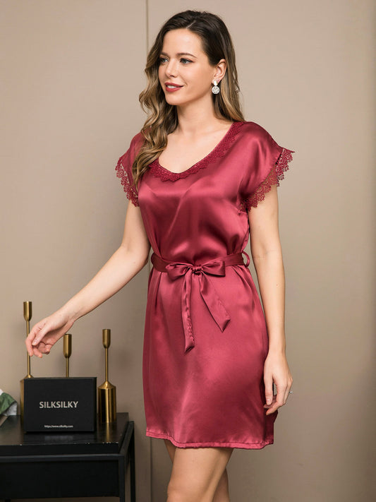 Pure Silk Elegant Belted Lace Trim Nightgown
