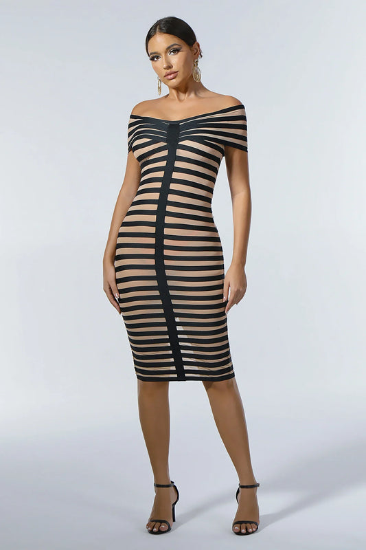 Karis Mesh Inset Stripe Dress in Black