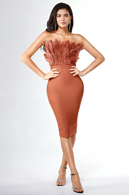 Chestnut Feather Bandage Dress in Brown