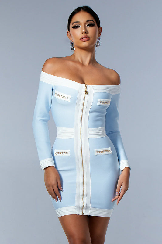 Zephyra Zipper Strapless Bandage Dress In Blue