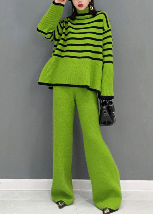 Organic Green Turtle Neck Striped wide leg pants Knit Two Pieces Set Spring