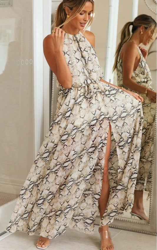 Lilian Printed Halterneck Slit Maxi Dress