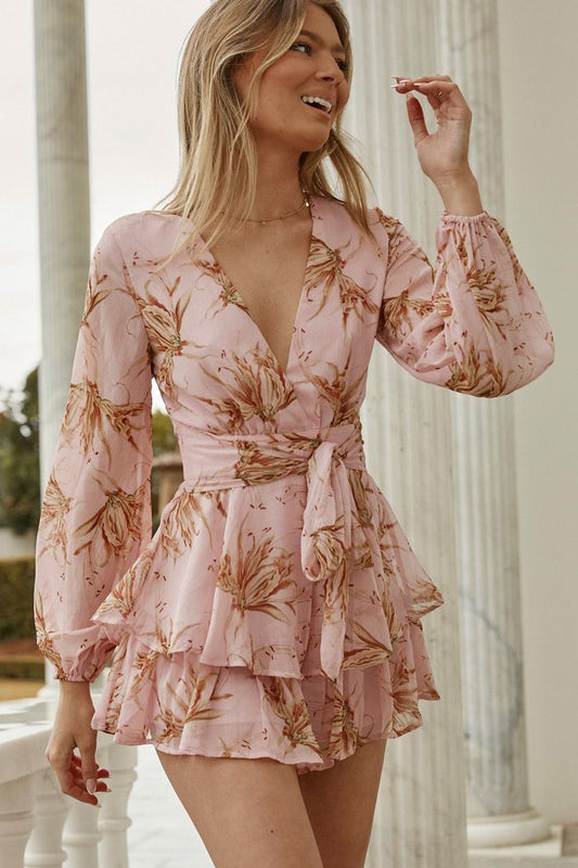 Paerl Printed V-neck Belted Layered Mini Dress