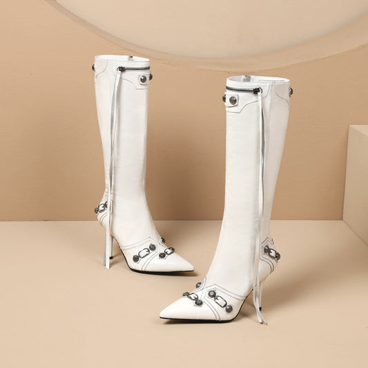 Israa White Leather Boots Knee High