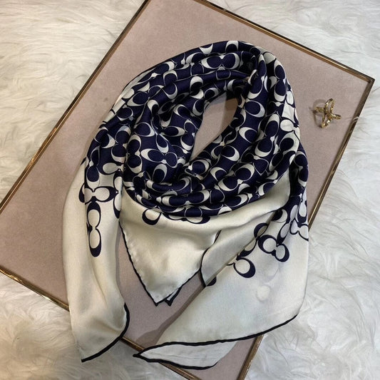 Navy Blue or Brown Square Silk Scarf - 100% Real Silk - 68x68 cm (approx. 34x34 inches)