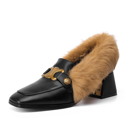 Zofia Genuine Leather Chunky Heel Loafers with Fur