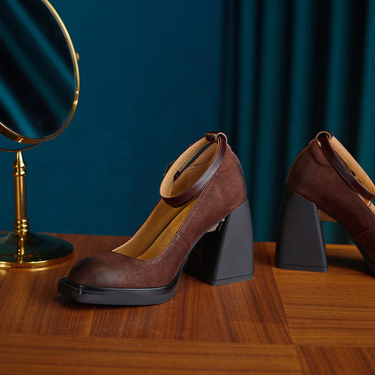 Hania High Chunky Heel Genuine Leather Retro Handmade Mary Janes