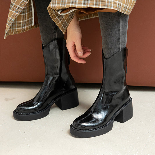 Jessa Platform Black Leather Block Heel Boots