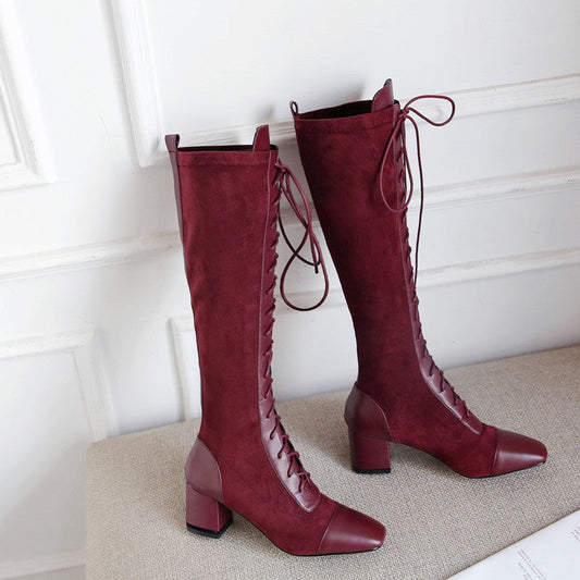 June Lace up Burgundy High Knee Boots