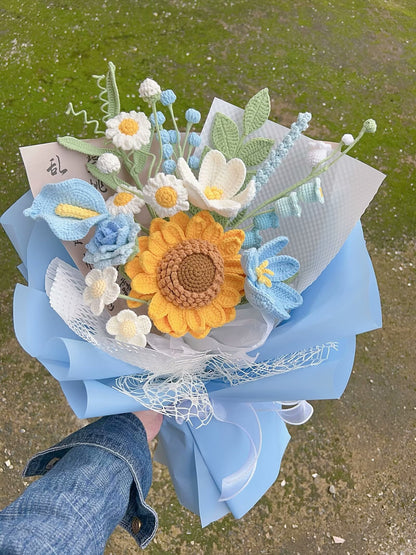 Handmade Crochet Sunflowers & Blue Calla Lilies Bouquet – A Bright and Elegant Keepsake