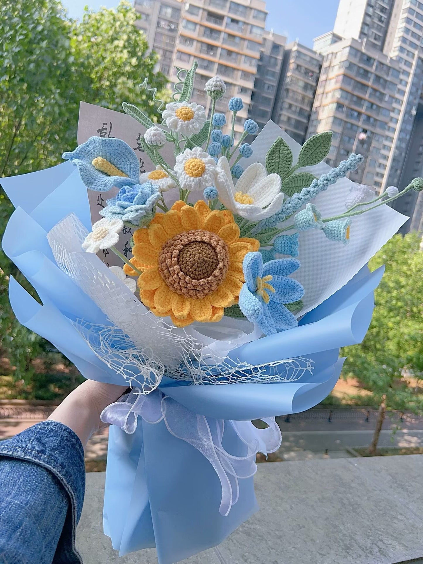 Handmade Crochet Sunflowers & Blue Calla Lilies Bouquet – A Bright and Elegant Keepsake