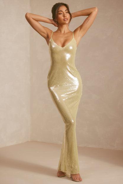 Sheer Sequin V-Neck Cut Out Back Evening Gown in Pistachio