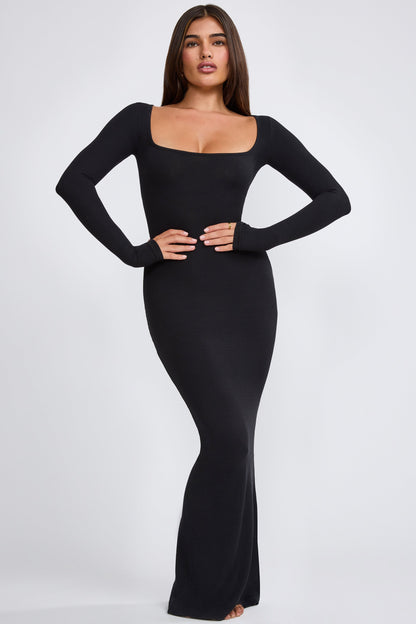 Ribbed Modal Long Sleeve Maxi Dress in Black