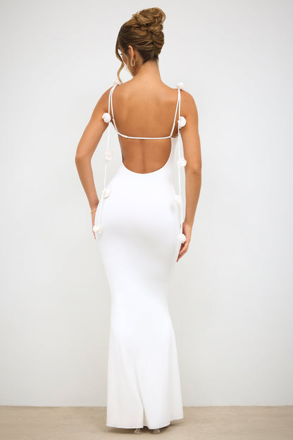 Slinky Jersey Rose Detail Evening Gown in White