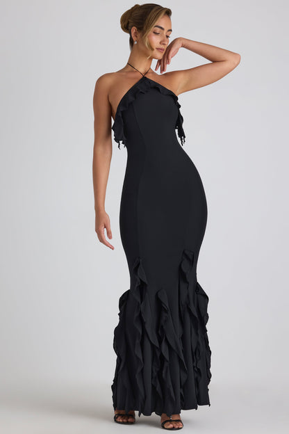 Ruffle-Trim Halterneck Gown in Black