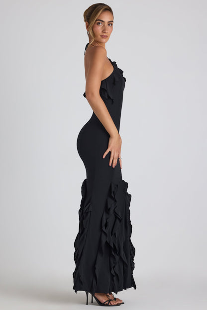 Ruffle-Trim Halterneck Gown in Black