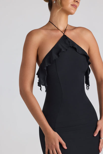 Ruffle-Trim Halterneck Gown in Black