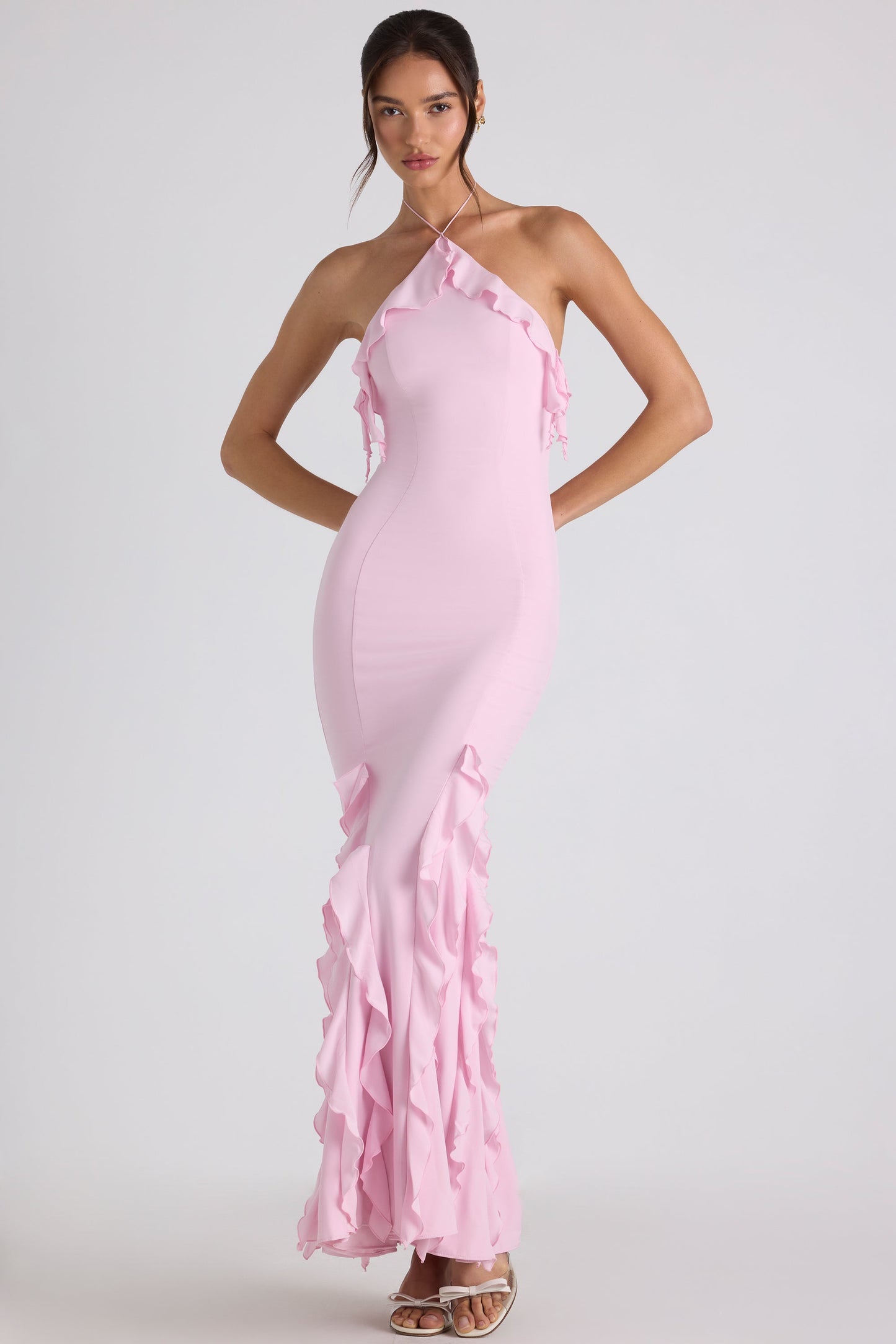 Ruffle-Trim Halterneck Gown in Soft Pink