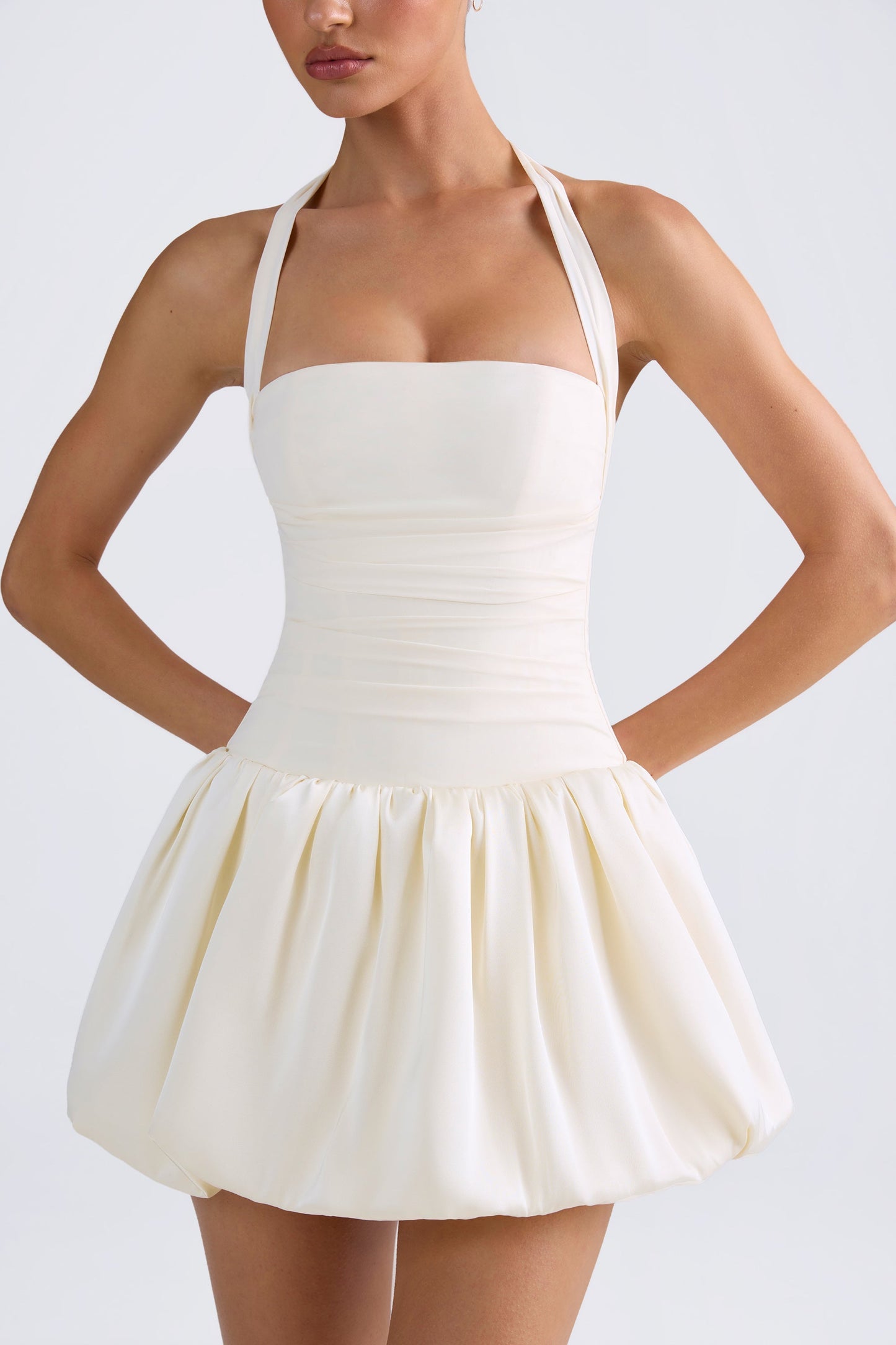 Halterneck Lace-Up Bubble Hem Corset Micro Mini Dress in Ivory