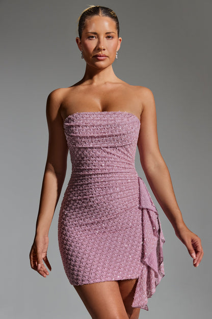 Embellished Ruffled Cowl-Neck Bandeau Mini Dress in Mauve