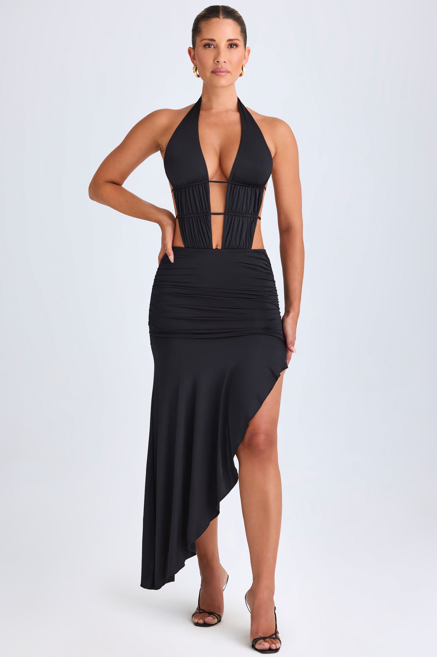 Asymmetric Cut-Out Halterneck Midaxi Dress in Black