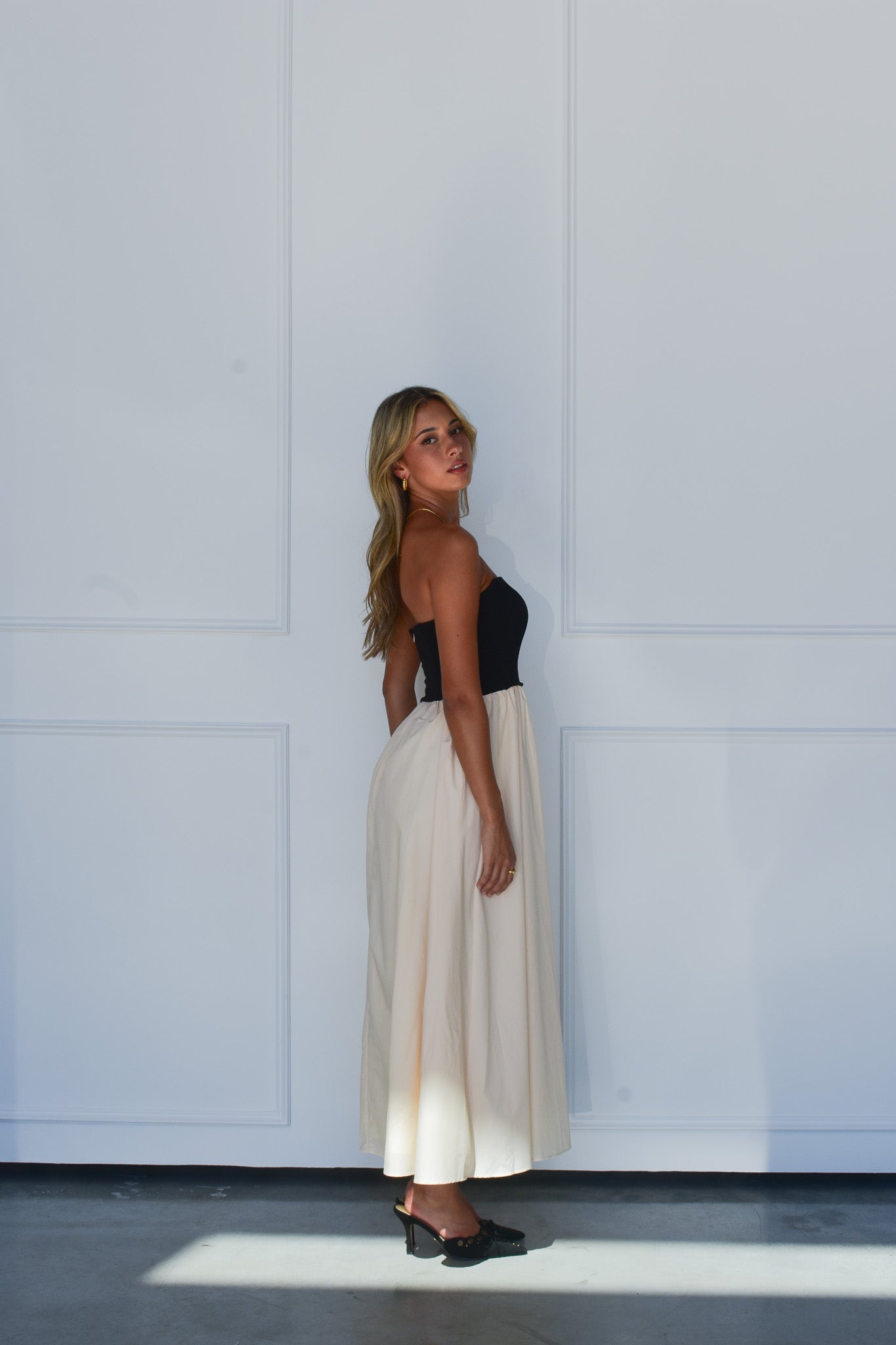 ELEANOR DRESS - BEIGE AND BLACK