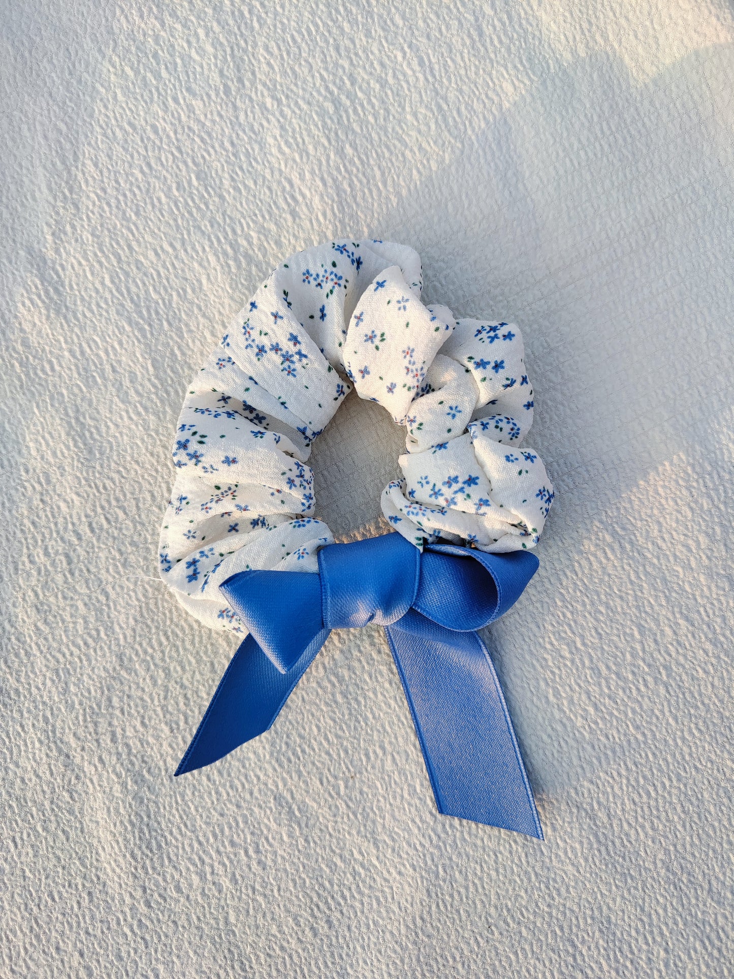 Floral Scrunchie with Satin Blue Bow