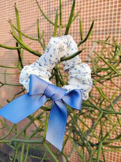 Floral Scrunchie with Satin Blue Bow