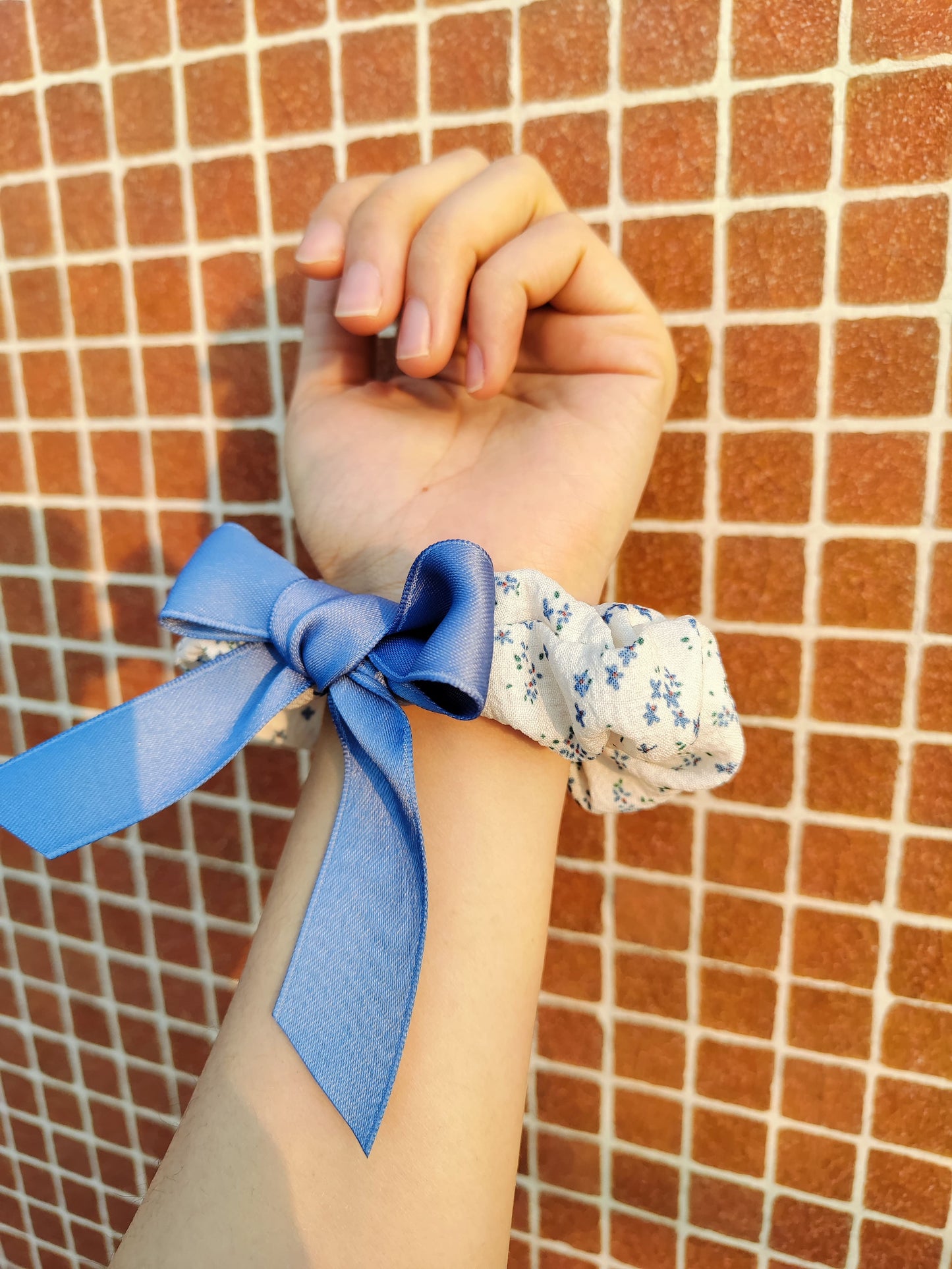 Floral Scrunchie with Satin Blue Bow