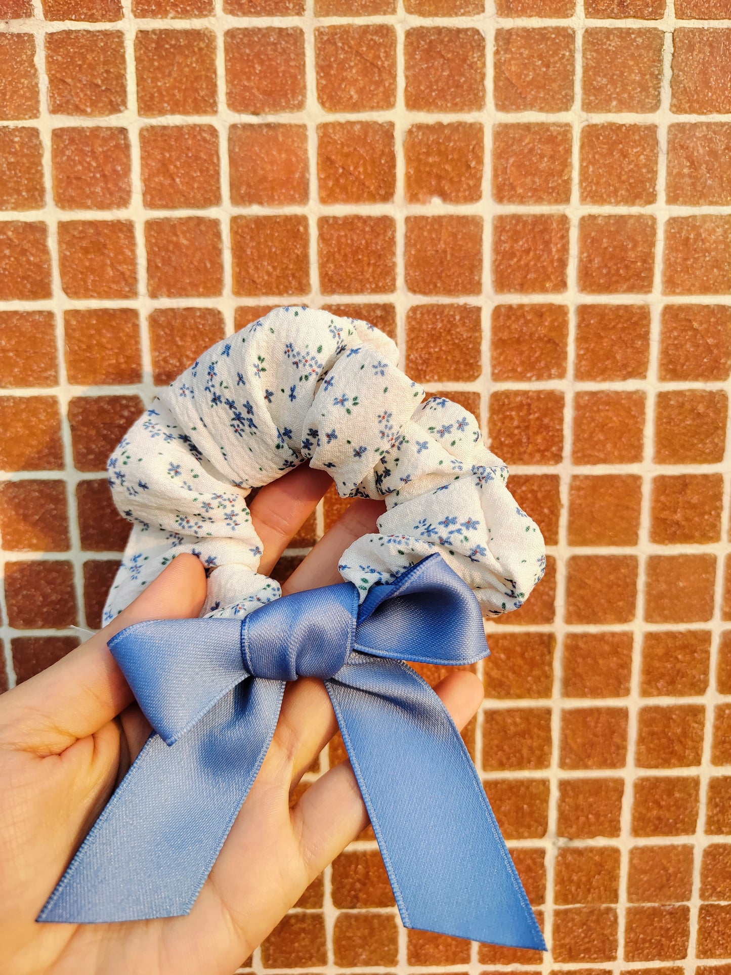 Floral Scrunchie with Satin Blue Bow