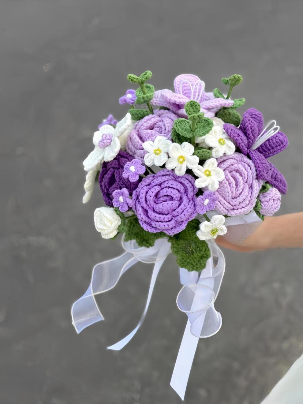 Handmade Crochet Purple Flowers Bouquet – Perfect Wedding Bridal Bouquet & Timeless Keepsake