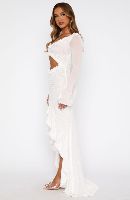 It Takes Time Long Sleeve Mesh Maxi Dress White