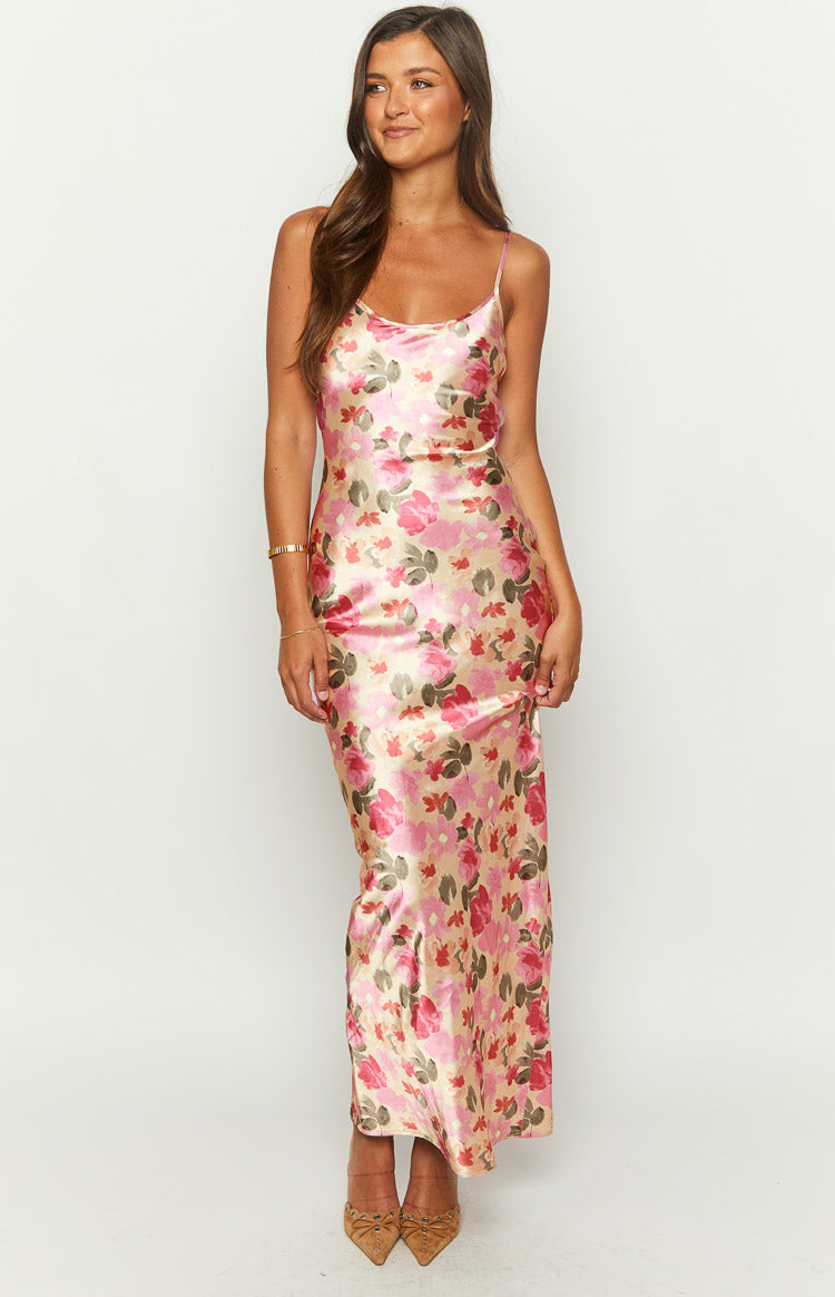 Renesmee Yellow Floral Print Satin Maxi Dress