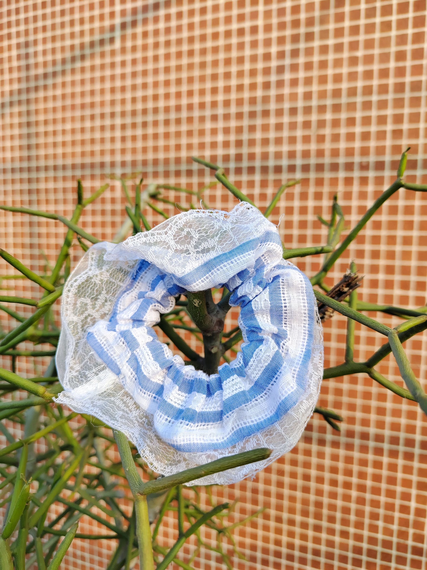 Striped Lace Scrunchie – Classic Blue and White