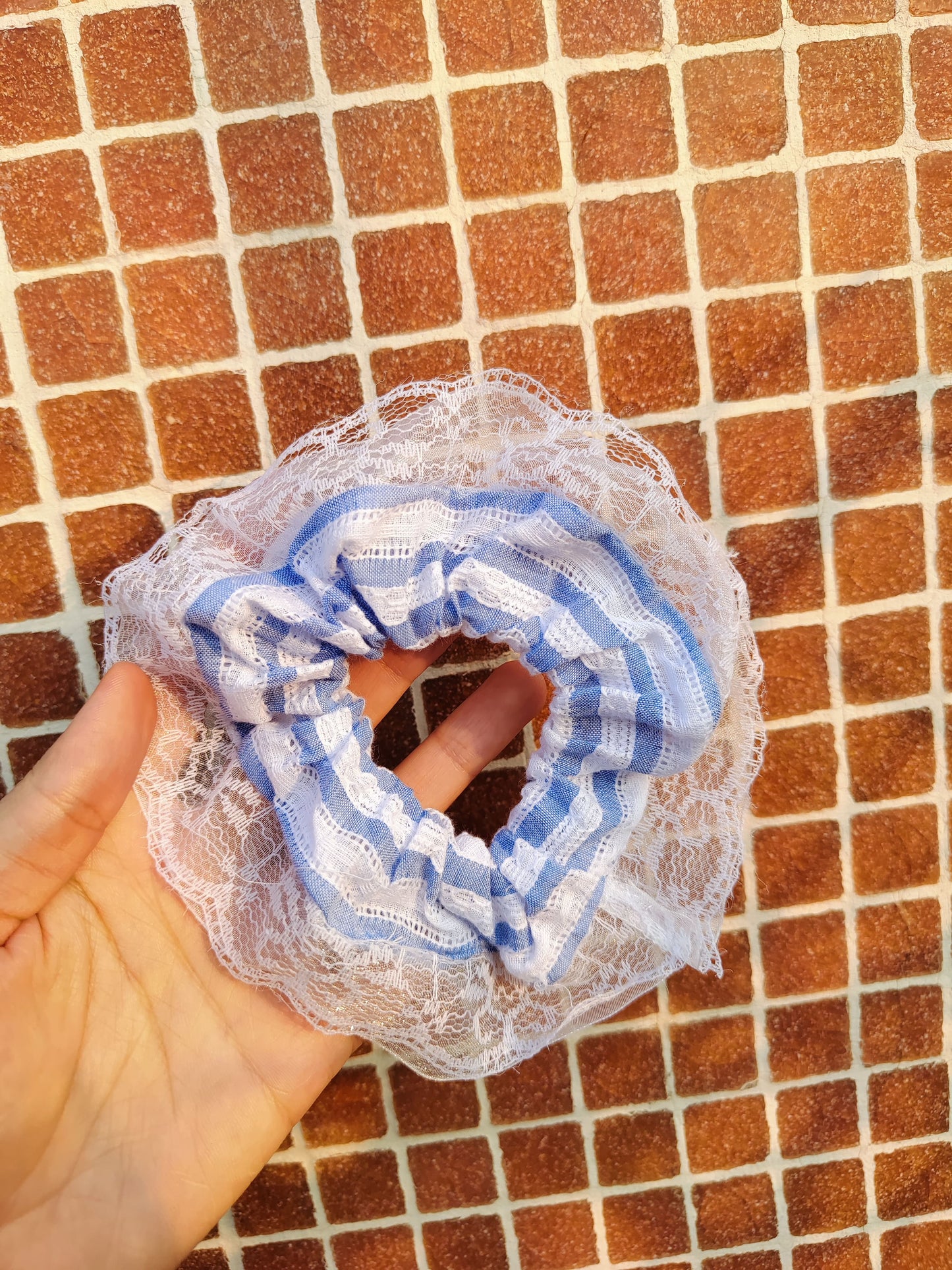 Striped Lace Scrunchie – Classic Blue and White