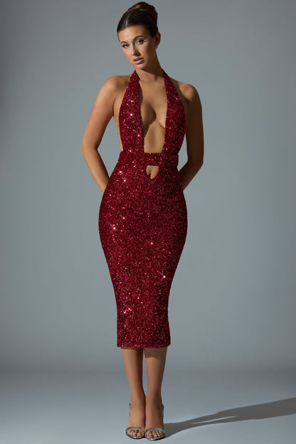 Embellished Cut-Out Open-Back Midaxi Dress in Red