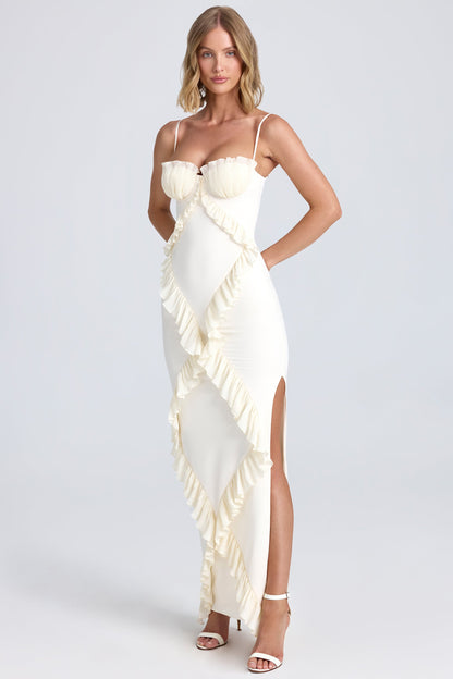 Pliss¨¦ Ruffle-Trim Maxi Dress in Ivory