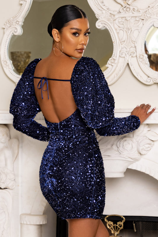 Shine Bright | Navy Sequin Mini Dress With Puff Sleeves