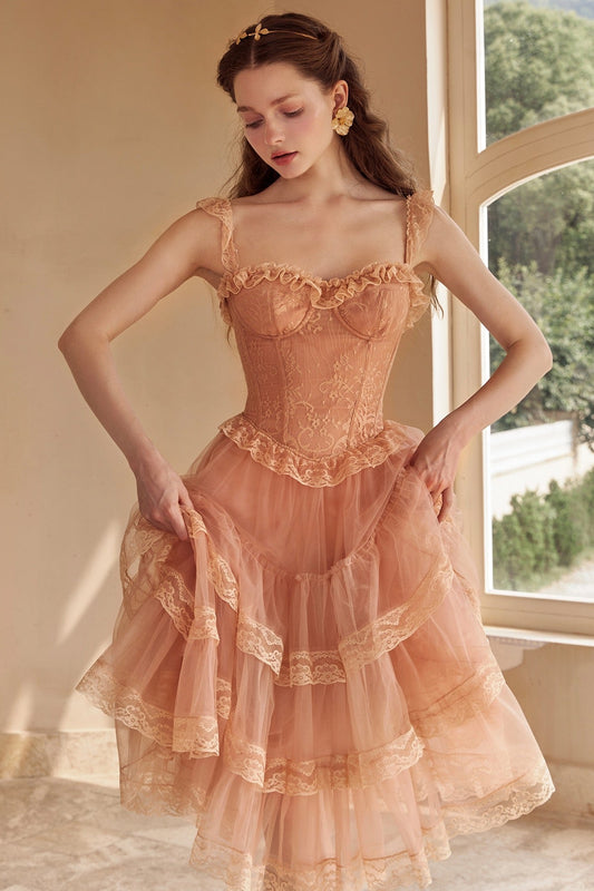 Cinnamon Princess French Retro Romantic Palace Fishbone Corset Dress