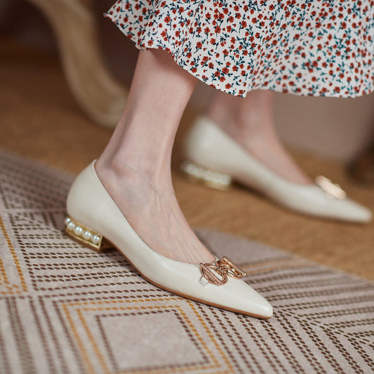 Janae Beige Flats with Pearls and Gold Chain